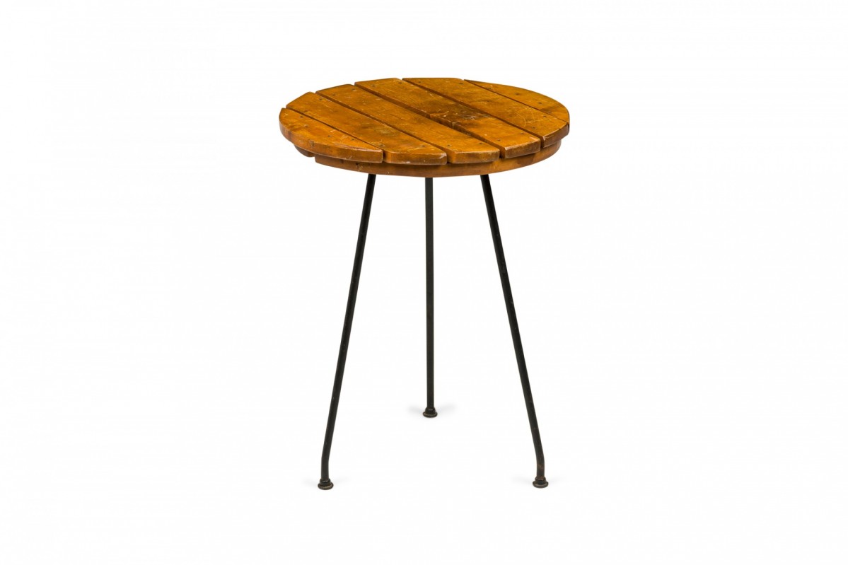Tony paul american mid century circular wooden slat top and iron leg end side table