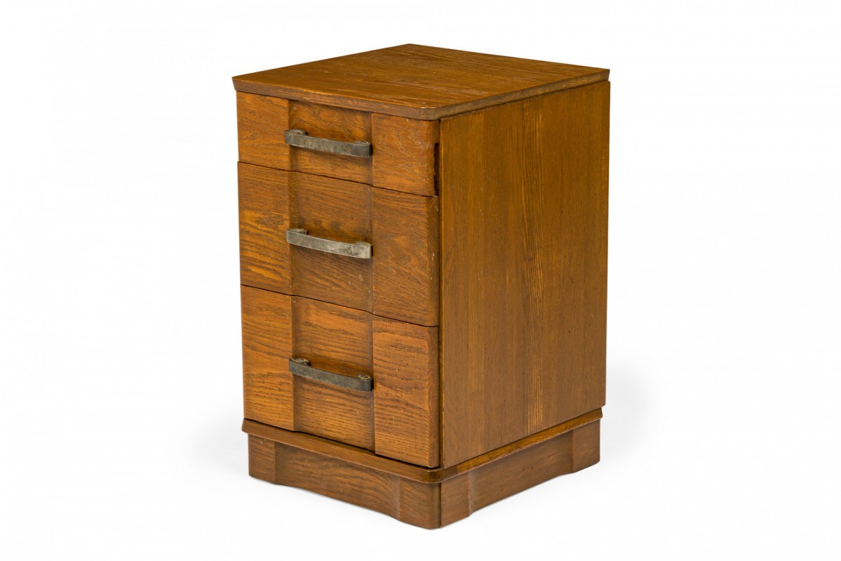 Morgan furniture american mid century wooden three drawer brass scroll handled bedside table