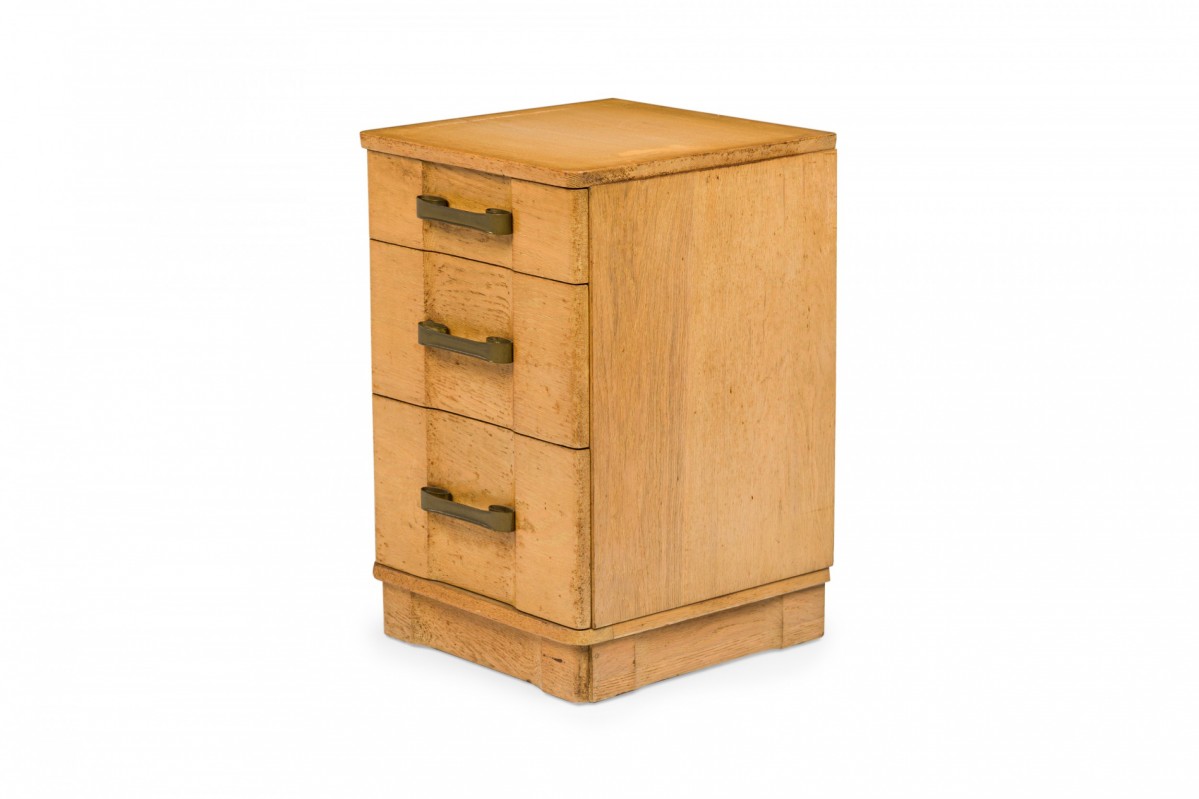 Morgan furniture american mid century light wooden three drawer brass scroll handled bedside table