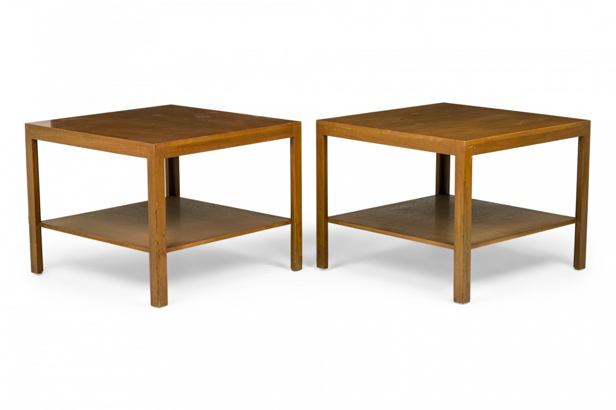 Pair of edward wormley for dunbar american mid century square wooden two tier end side tables