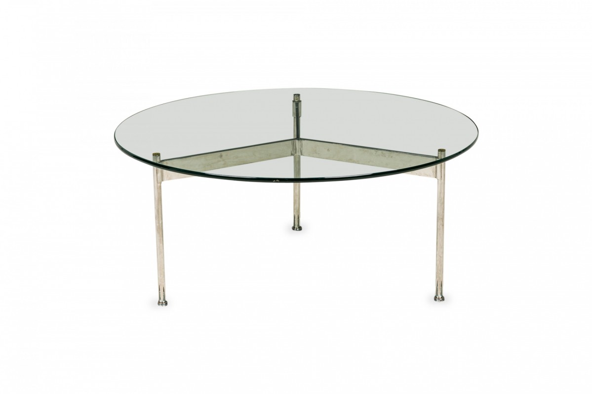 Ward bennett american mid century circular glass and chrome plated steel coffee table