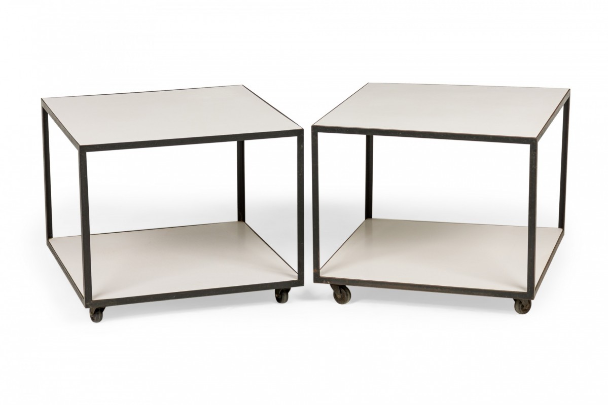 George nelson for herman miller mid century white laminate and black steel rolling end side tables