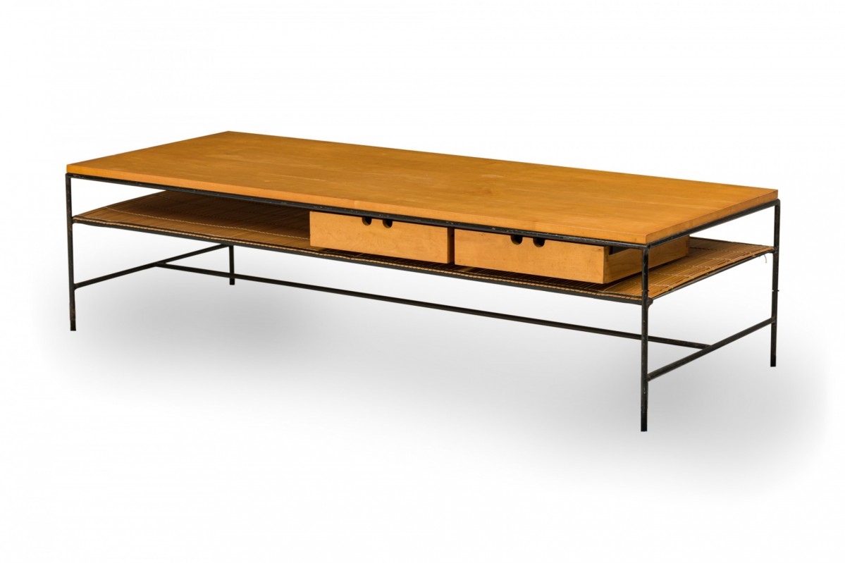 Paul mccobb for winchendon mid century planner blond wood and iron two drawer coffee table