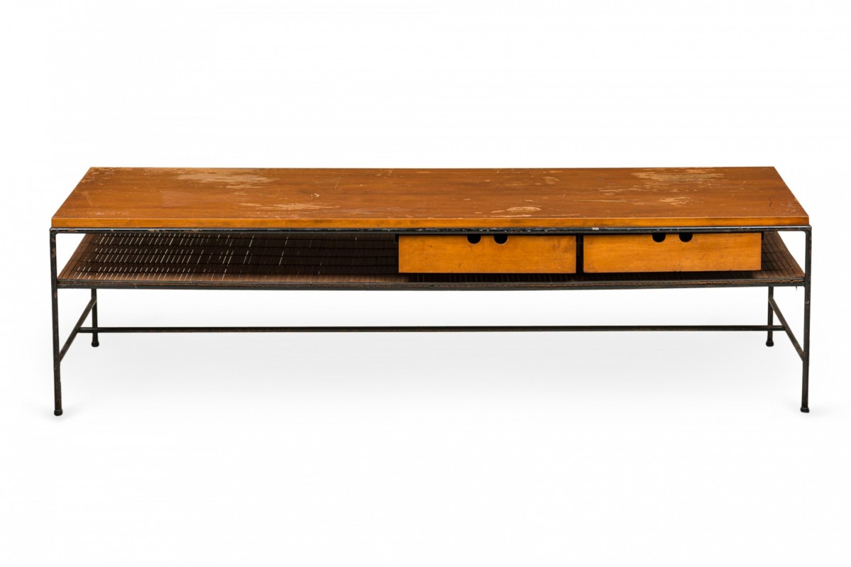 Paul mccobb for winchendon mid century planner wood and iron two drawer coffee table