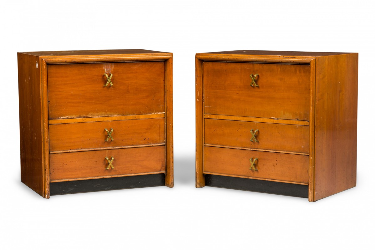 Pair of paul frankl for johnson furniture mid century wooden brass x handle bedside table commodes