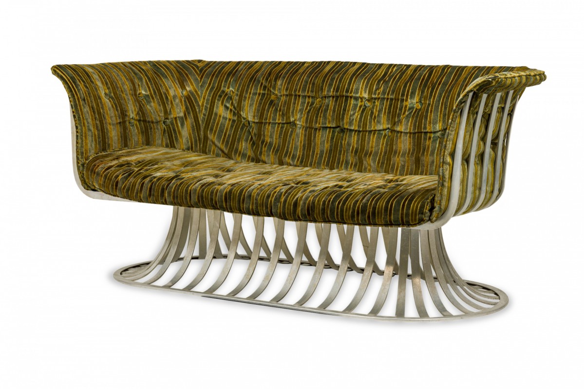 Herbert saiger for lee l woodard sons mid century aluminum and green upholstered tulip base settee