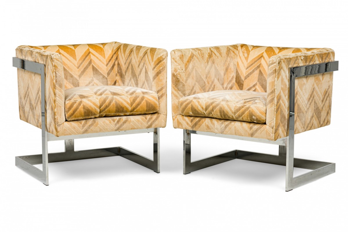Pair of milo baughman for thayer coggin mid century chrome and beige upholstery t bar armchairs