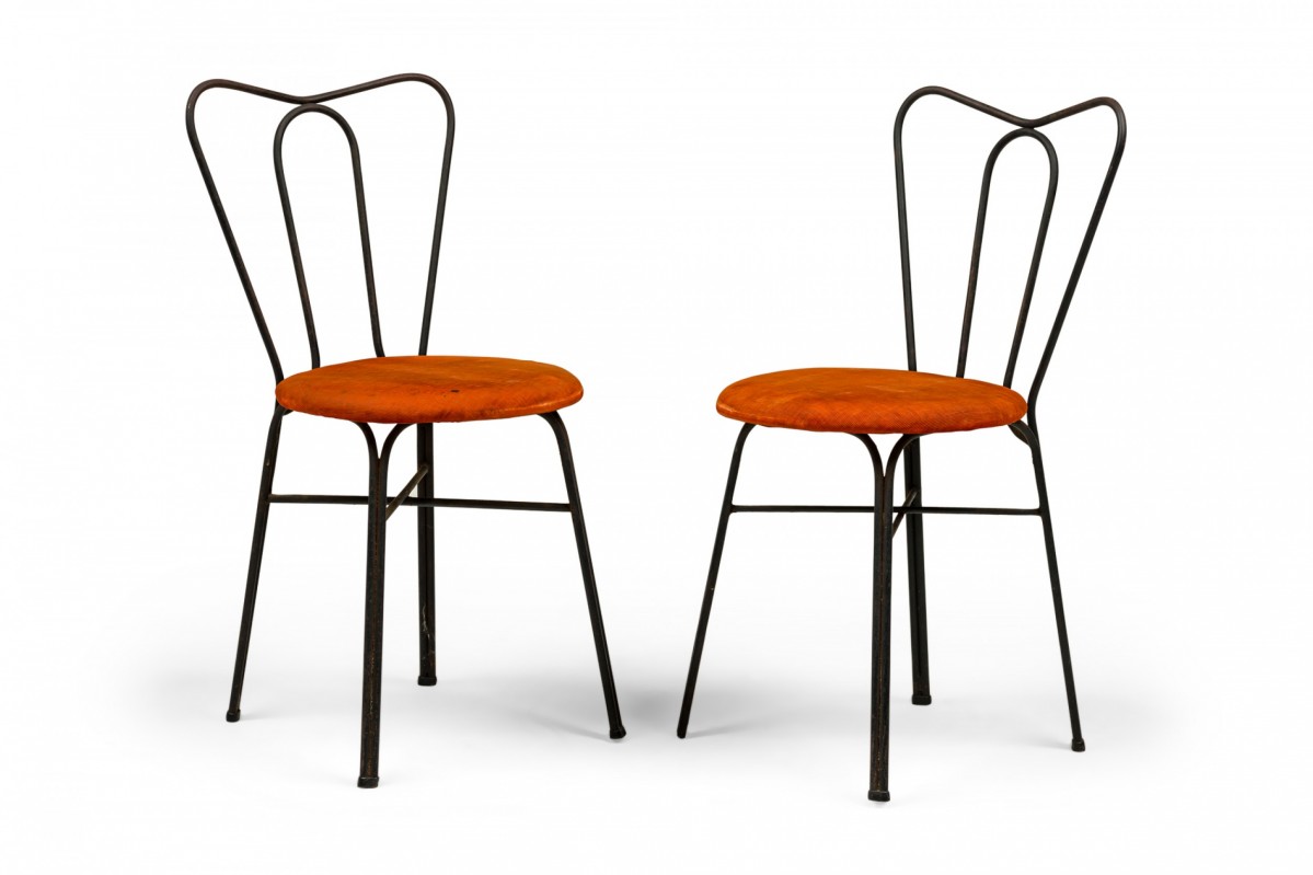 Pair of tony paul american mid century black iron and orange upholstery ice cream parlor side chairs