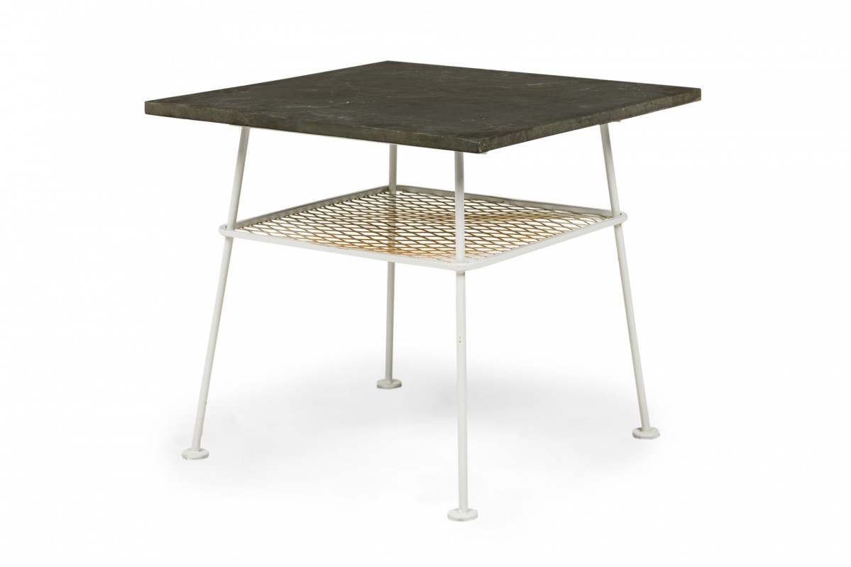 Lee l woodard mid century american square white metal lamp table with mesh shelf and slate top