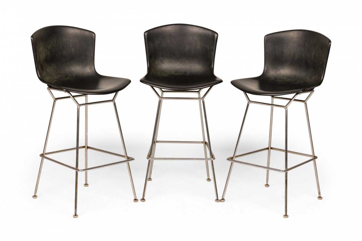 Set of 3 harry bertoia for knoll international mid century american black bucket barstools