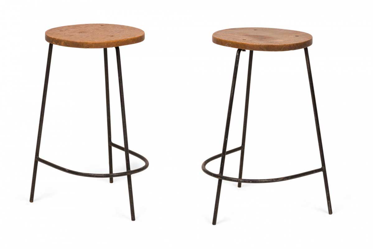 Pair of luther conover mid century american horseshoe metal and wood counter stools