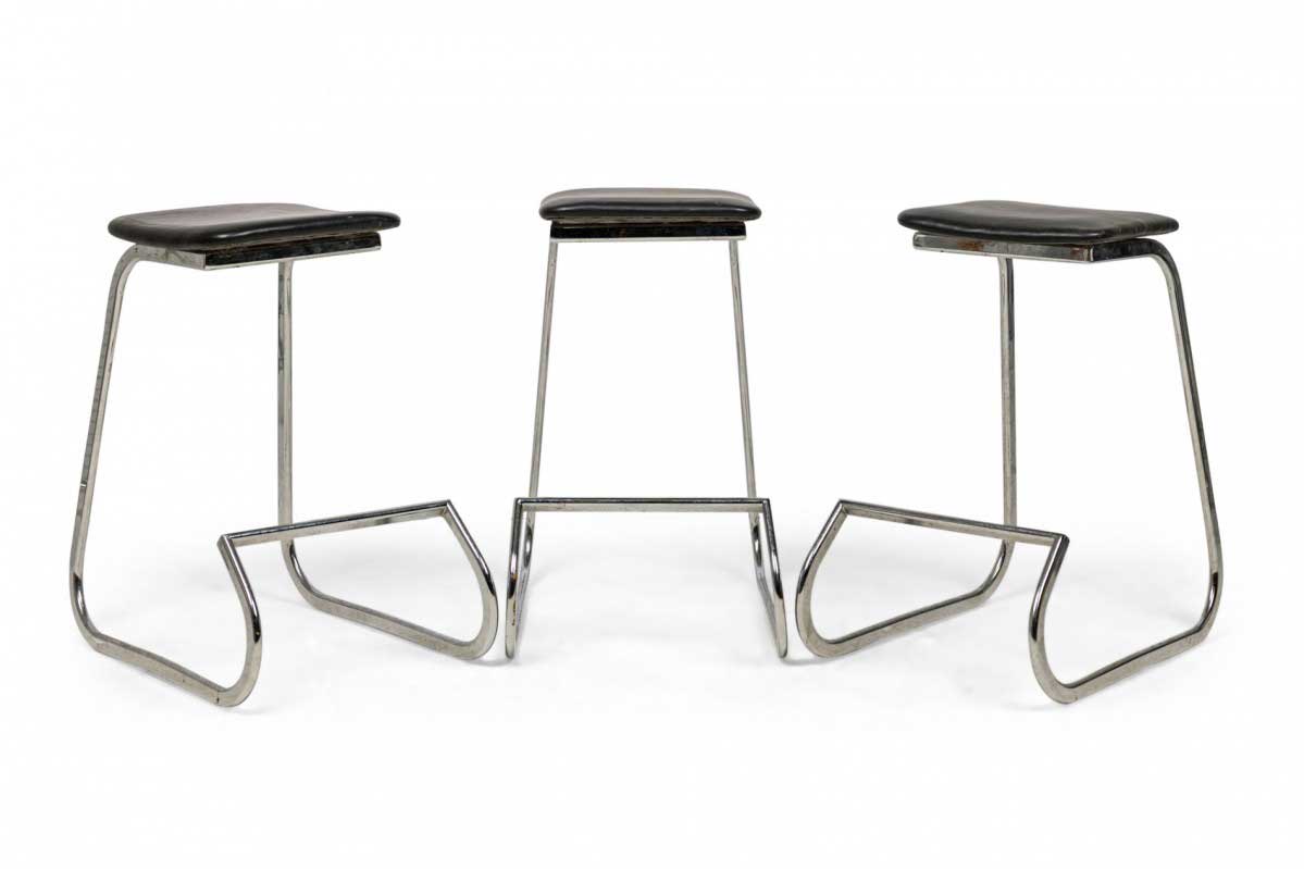 Set of 3 john behringer for stendig mid century american prometheus black vinyl chrome barstools