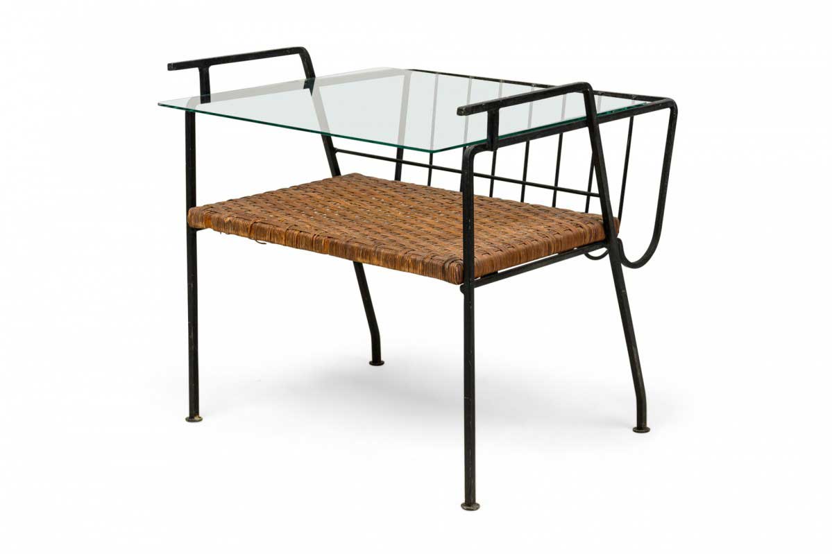 Maurizio tempestini for salterini mid century black metal magazine end table with woven shelf
