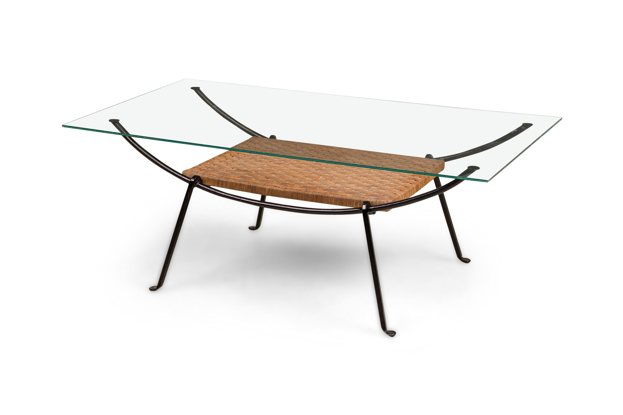 Maurizio tempestini for salterini mid century curved metal coffee table with woven shelf