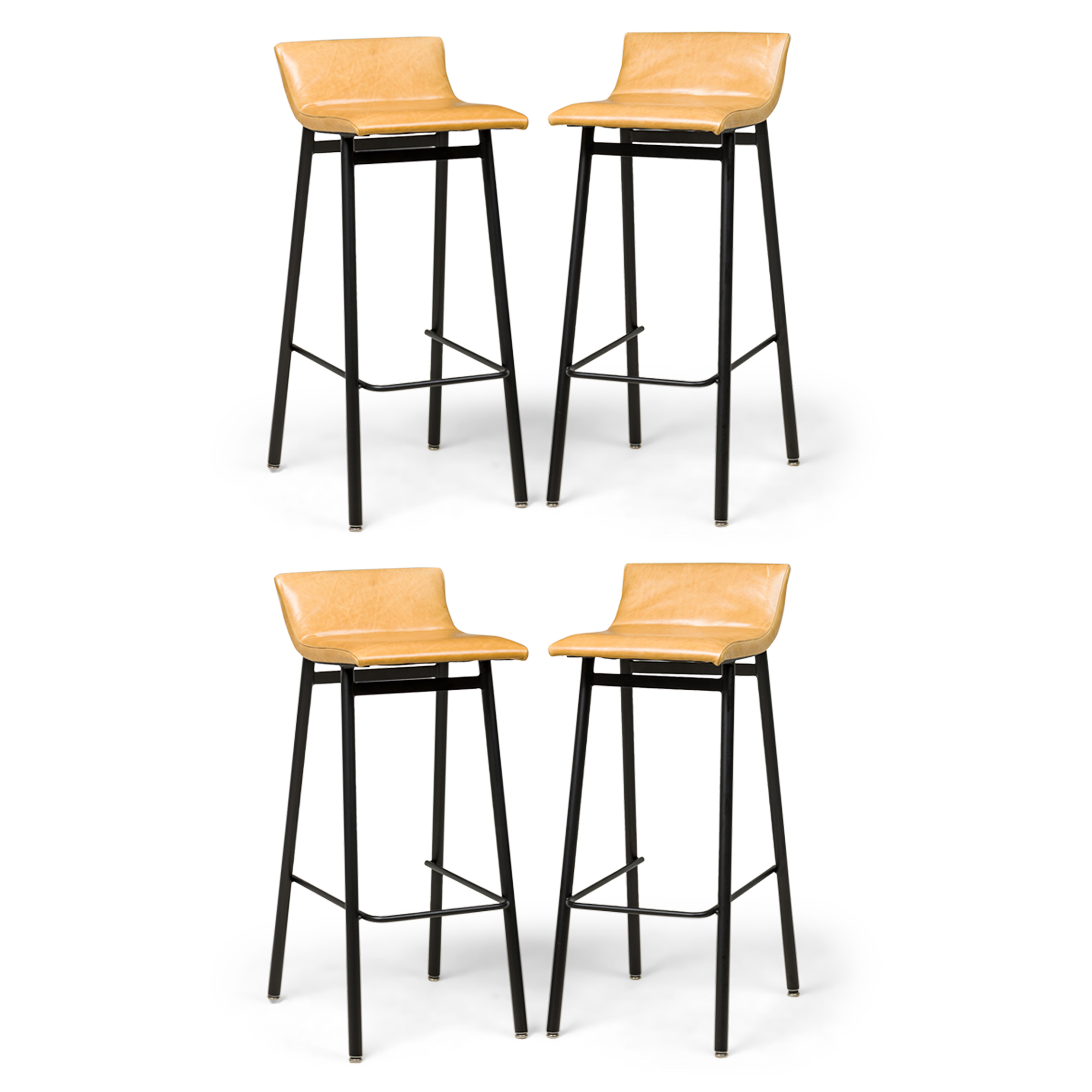 Set of 4 vista mid century american black enamel barstools with mustard upholstered scoop seats