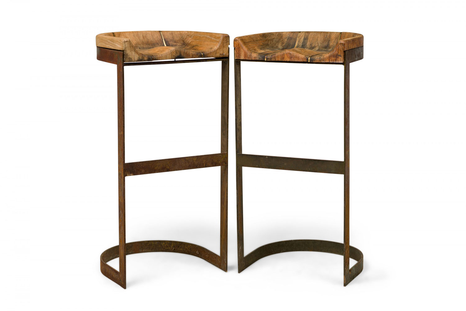 Pair of warren bacon mid century american brass and wood horseshoe cantilever barstools