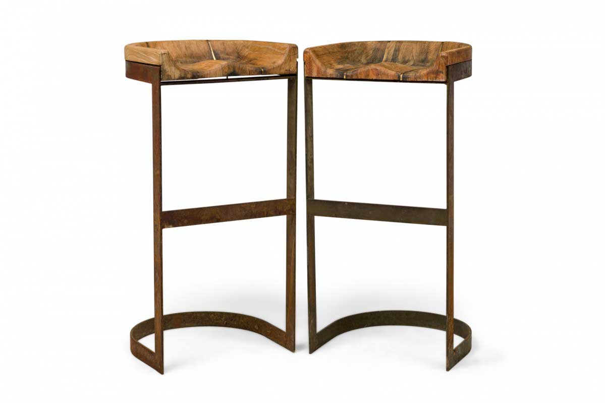 Pair of warren bacon mid century american brass and wood horseshoe cantilever barstools