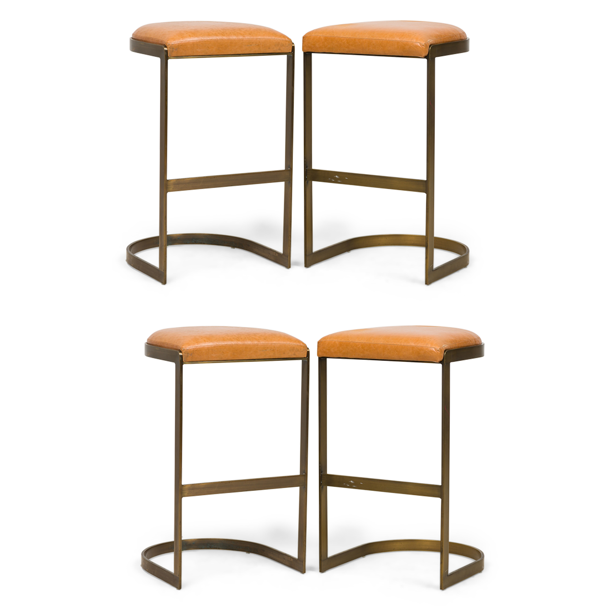 Set of 4 brenton mid century american brass and wood tan upholstered horseshoe cantilever bar stools