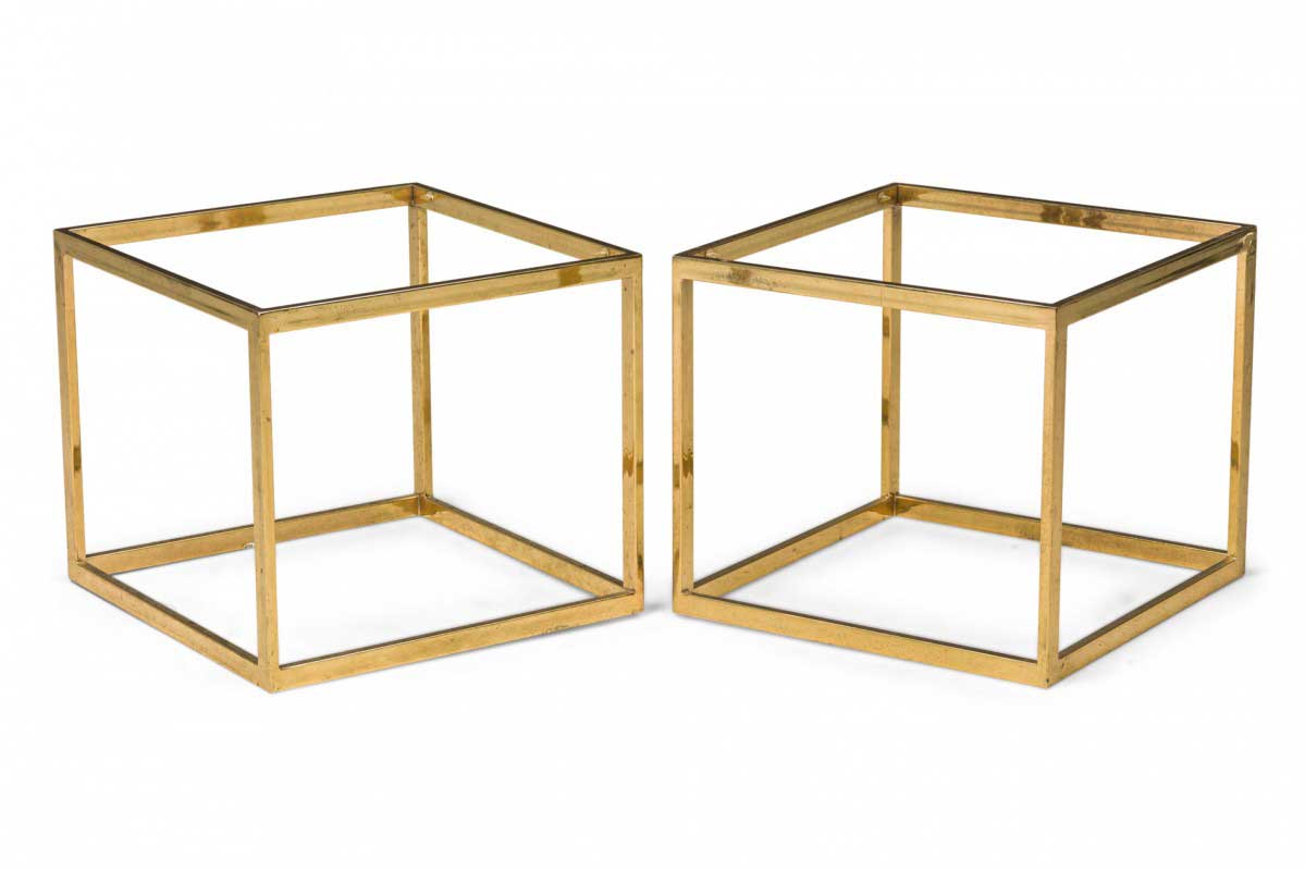 Pair of design institute of america mid century american brass plated cube occasional table frames