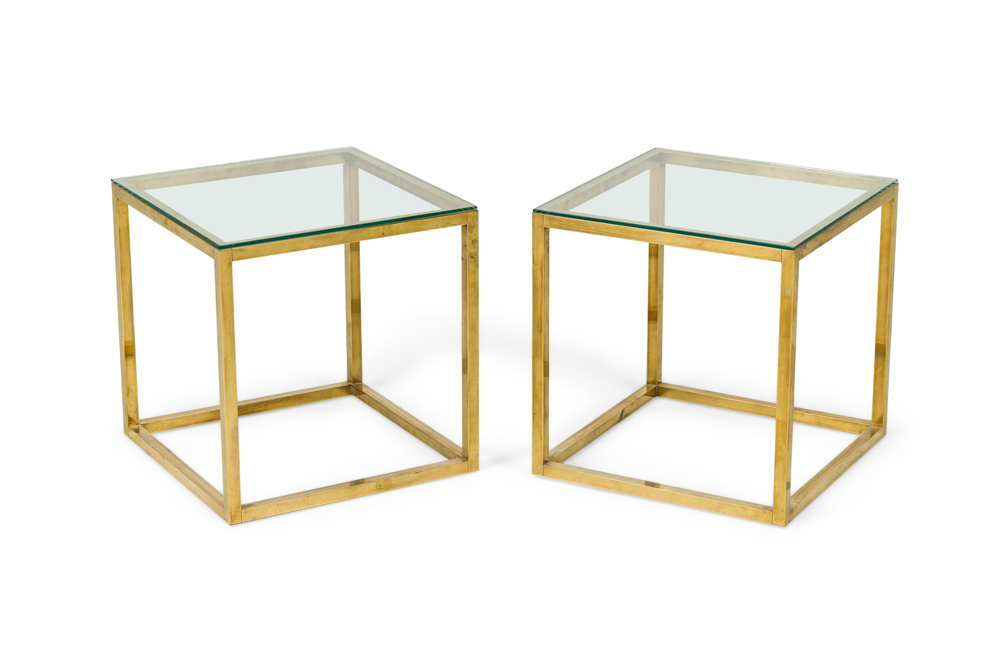Pair of mid century american perfect cube brass frame occasional table frames