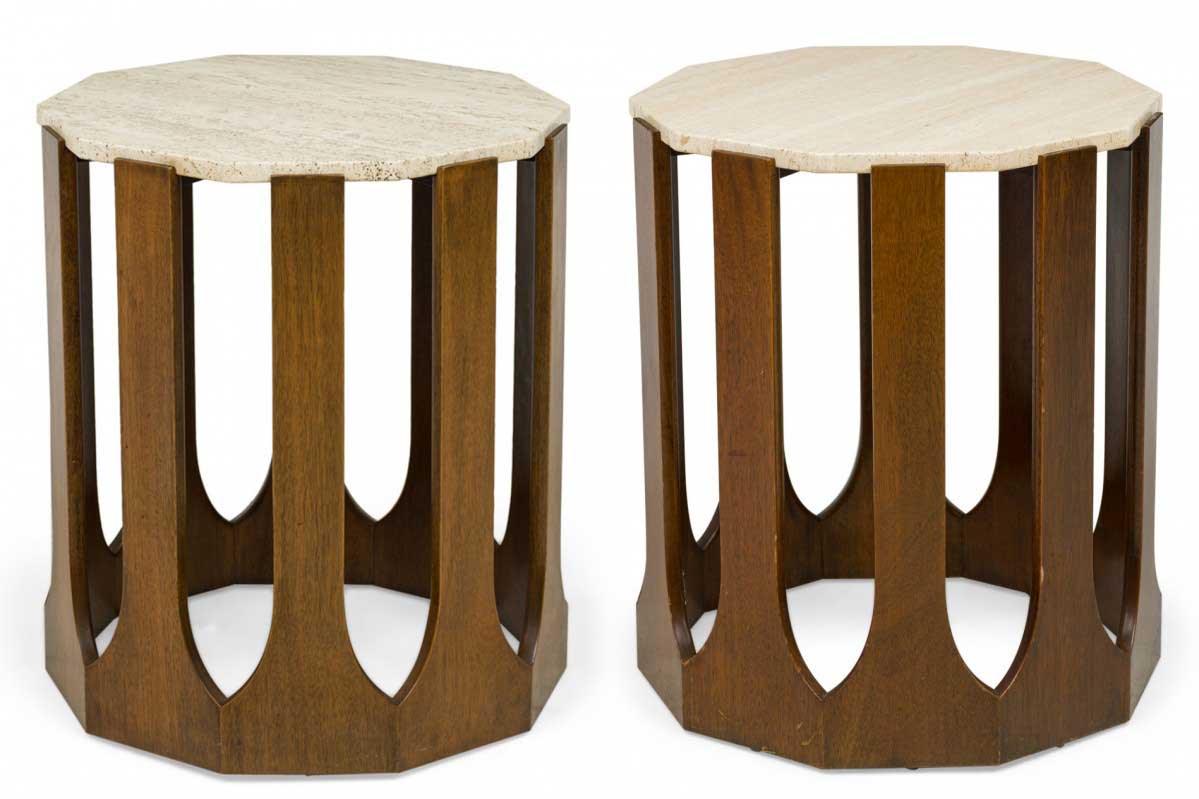 Pair of harvey probber mid century american travertine topped wood decagon end side tables