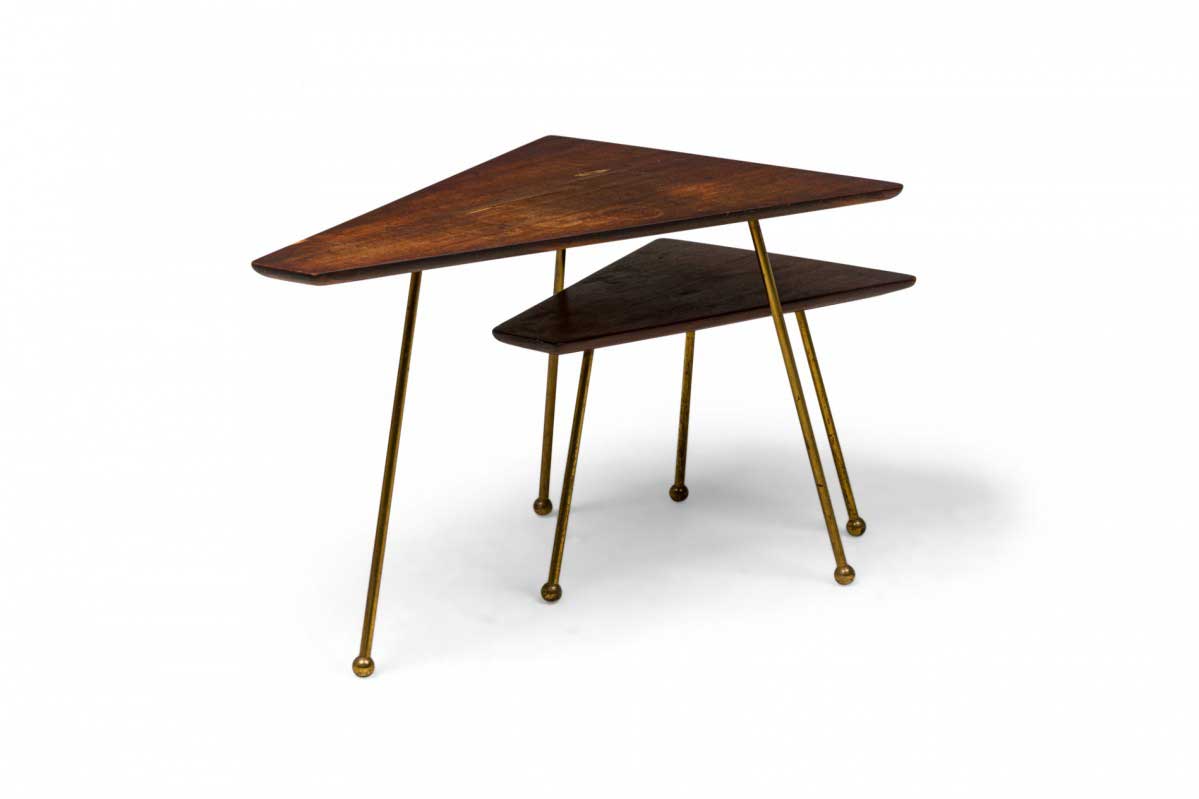 2 piece set of mid century american trapezoidal wood and brass nesting tables