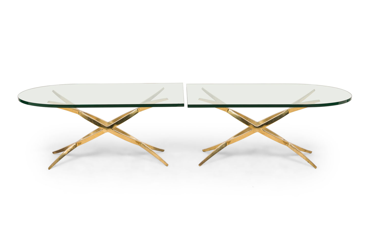 Pair of contemporary american bronze glass sectional cocktail tables