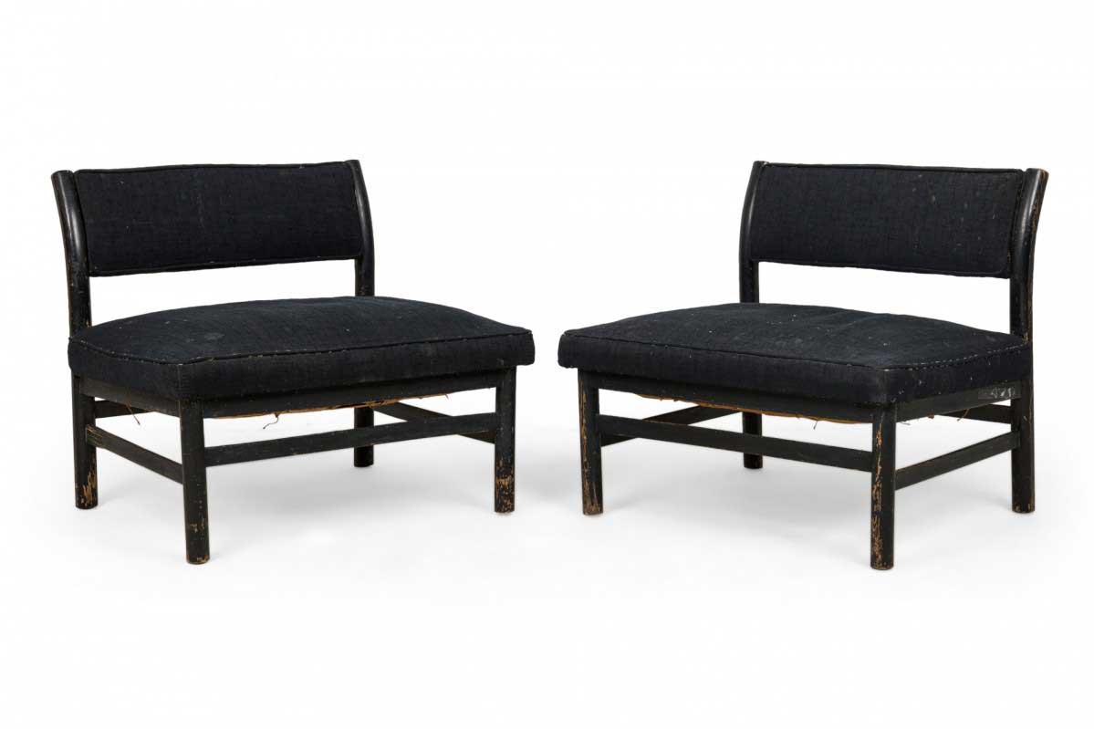 Pair of harvey probber mid century american extra wide black upholstered slipper chairs