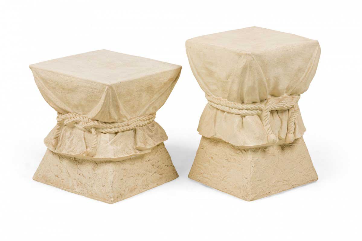 Pair of french drapery and rope form occasional pedestal tables manner of alberto pinto