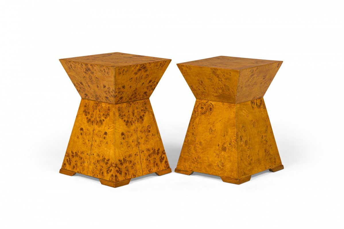 Pair of contemporary american olive ash burl pyramidal occasional tables