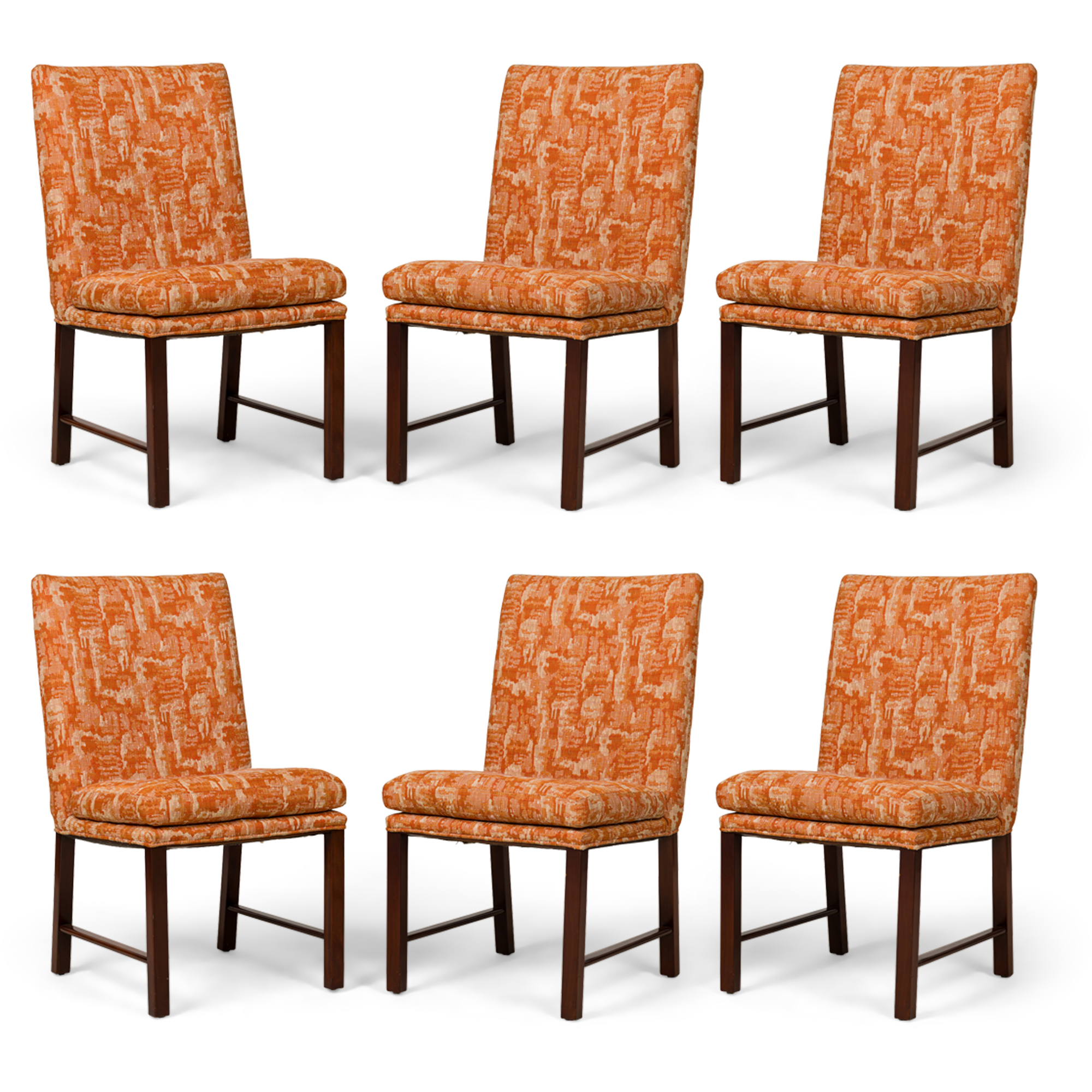 Set of 6 mid century american wooden dining chairs with abstract beige orange upholstery 