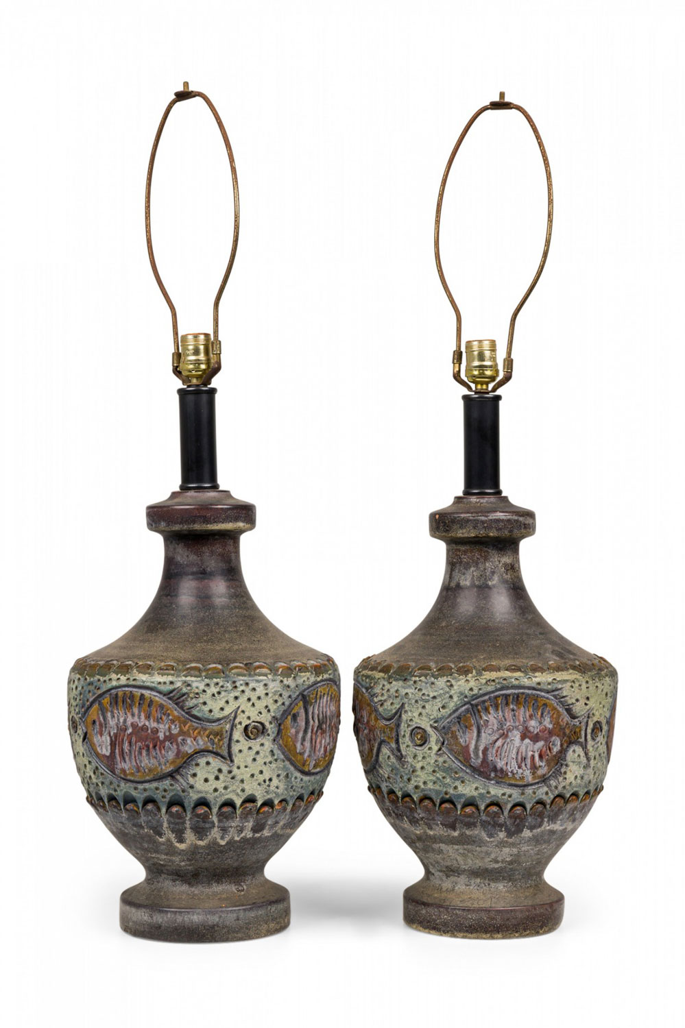 Pair of alvino bagni for bitossi mid century italian ceramic fish striped table lamps