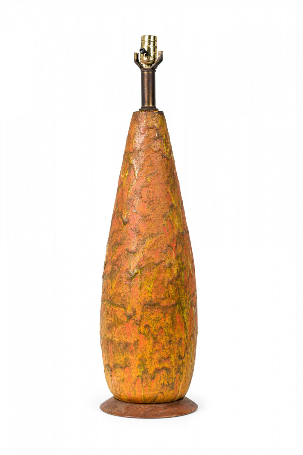 Mid century american ceramic fat lava style glazed cone table lamp on wood base