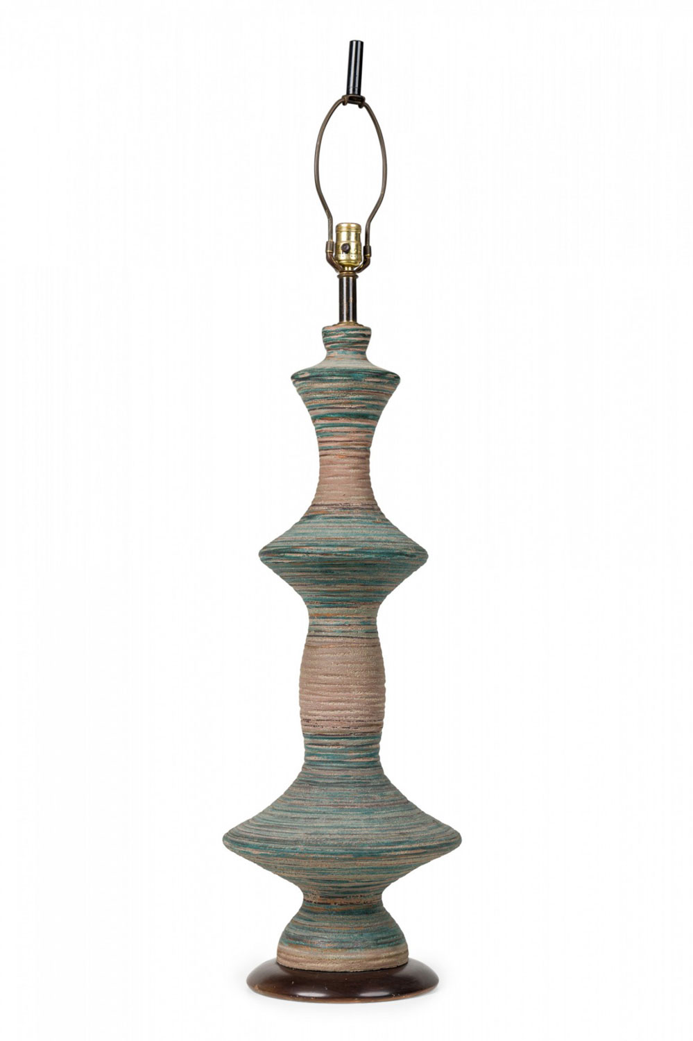 Mid century american stoneware ceramic tall spindle table lamp with blue matte glaze on wood base