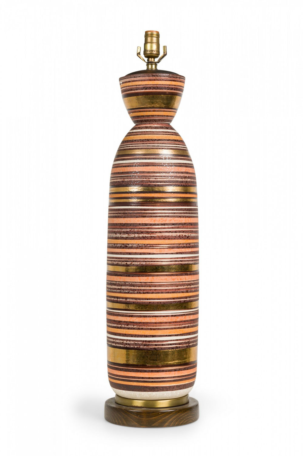 Mid century american ceramic tall bullet striped lustre glazed brown toned table lamp on wood base