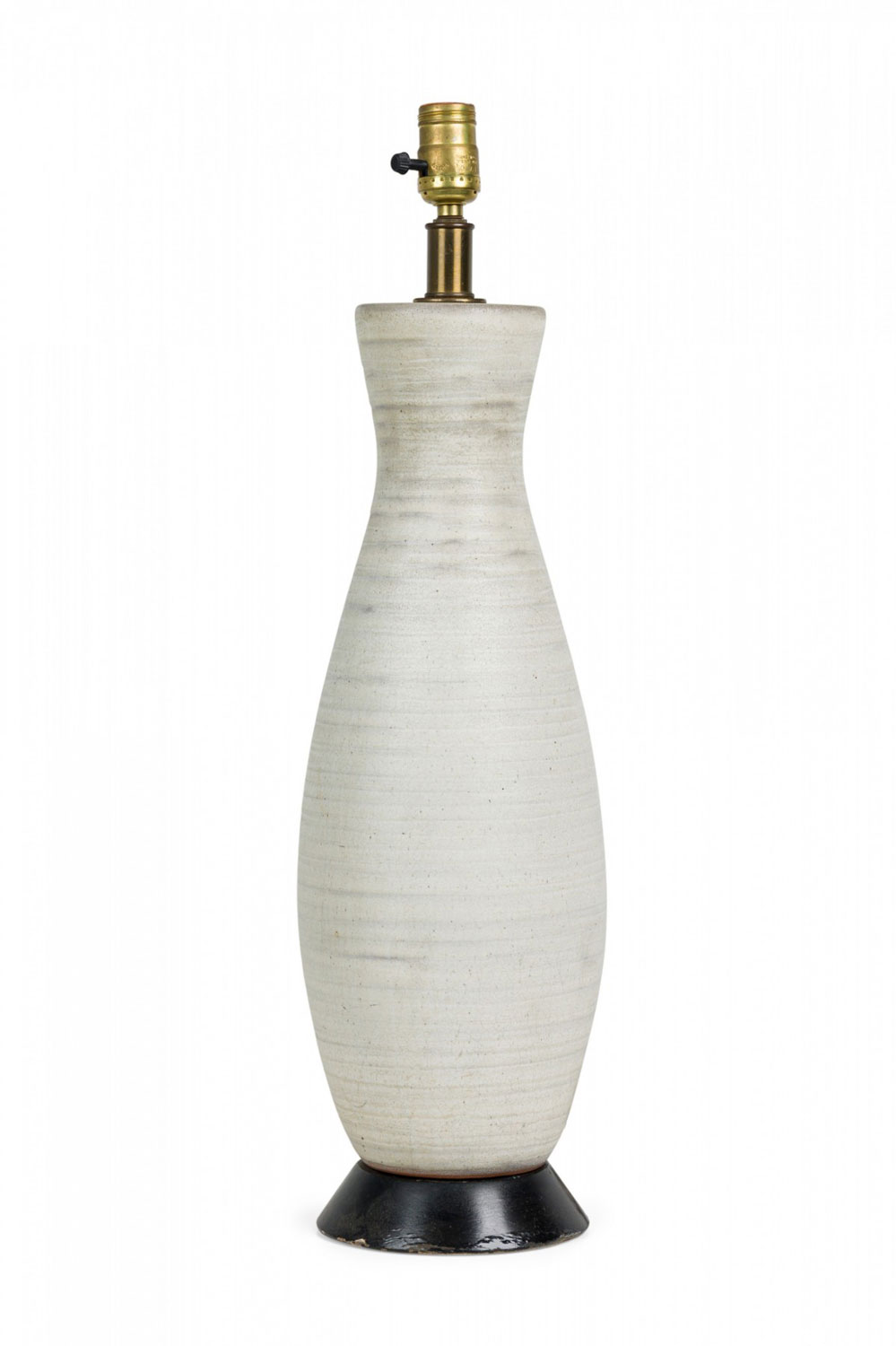 Design technics mid century american ceramic white chalk glazed table lamp on wood stand