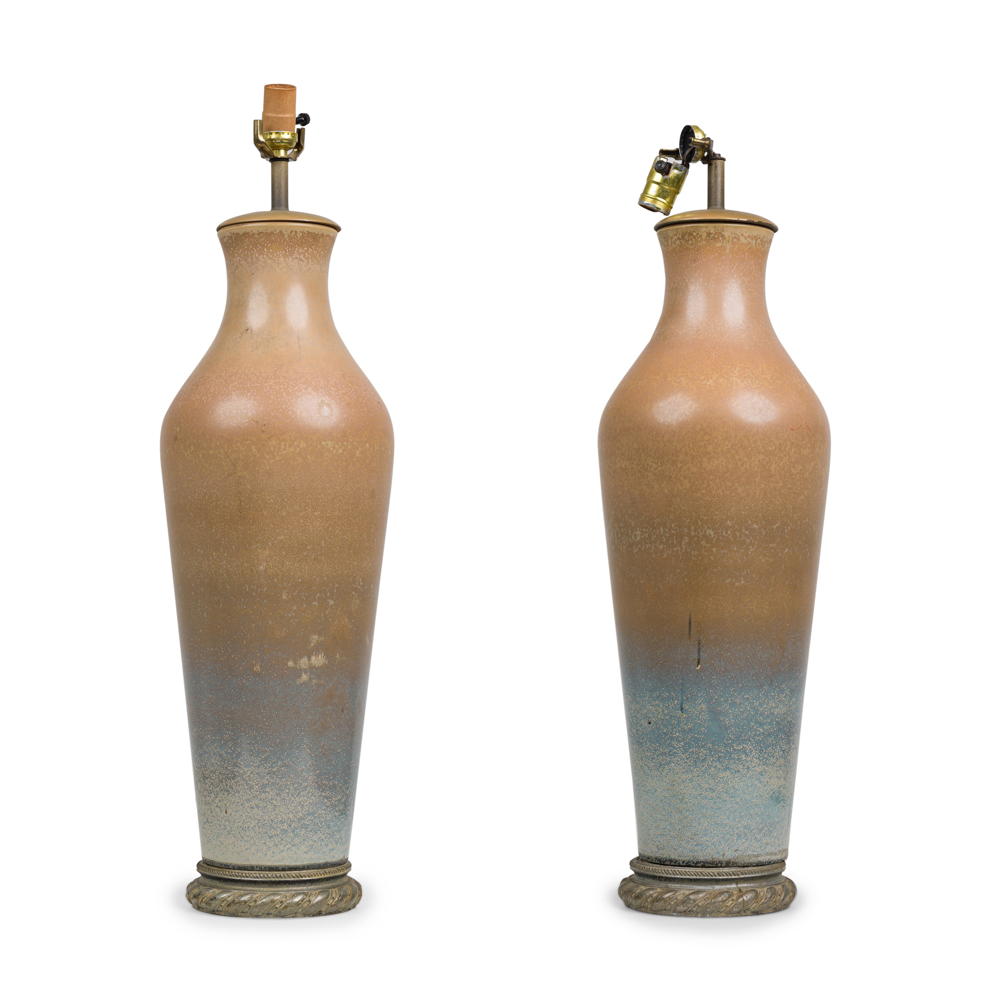 Pair of mid century american ceramic brown to blue gradient glazed tall urn table lamps
