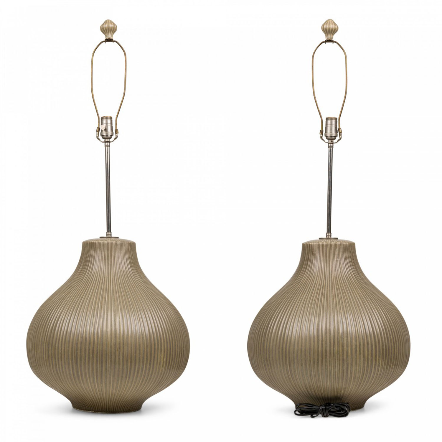 Pair of mid century american ceramic ribbed gourd large green table lamps 