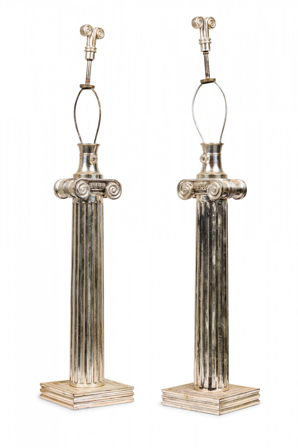Pair of mid century american silver plate ionic order column table lamps
