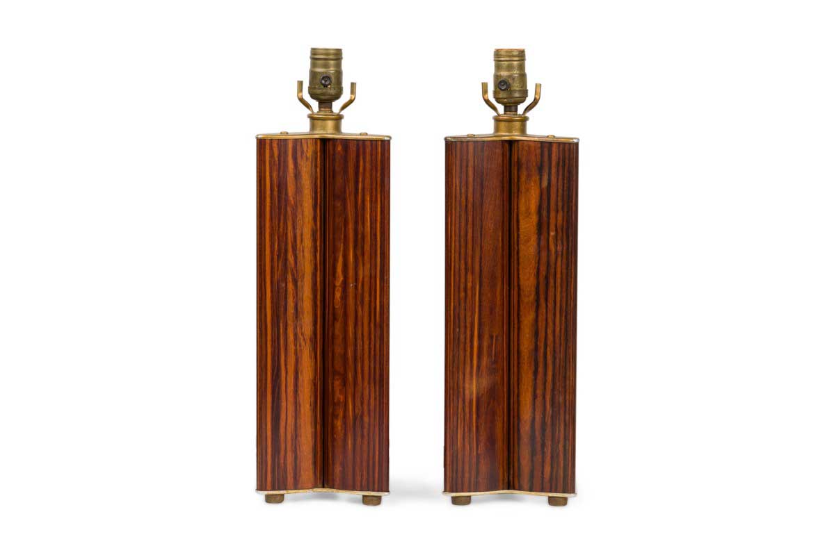 Pair of italian mid century triquetra form rosewood column table lamps