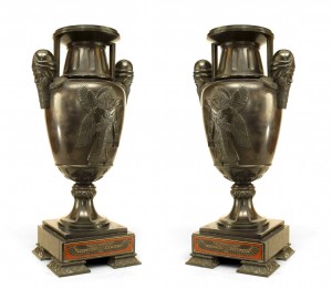 Pair of french victorian black marble and bronze urns