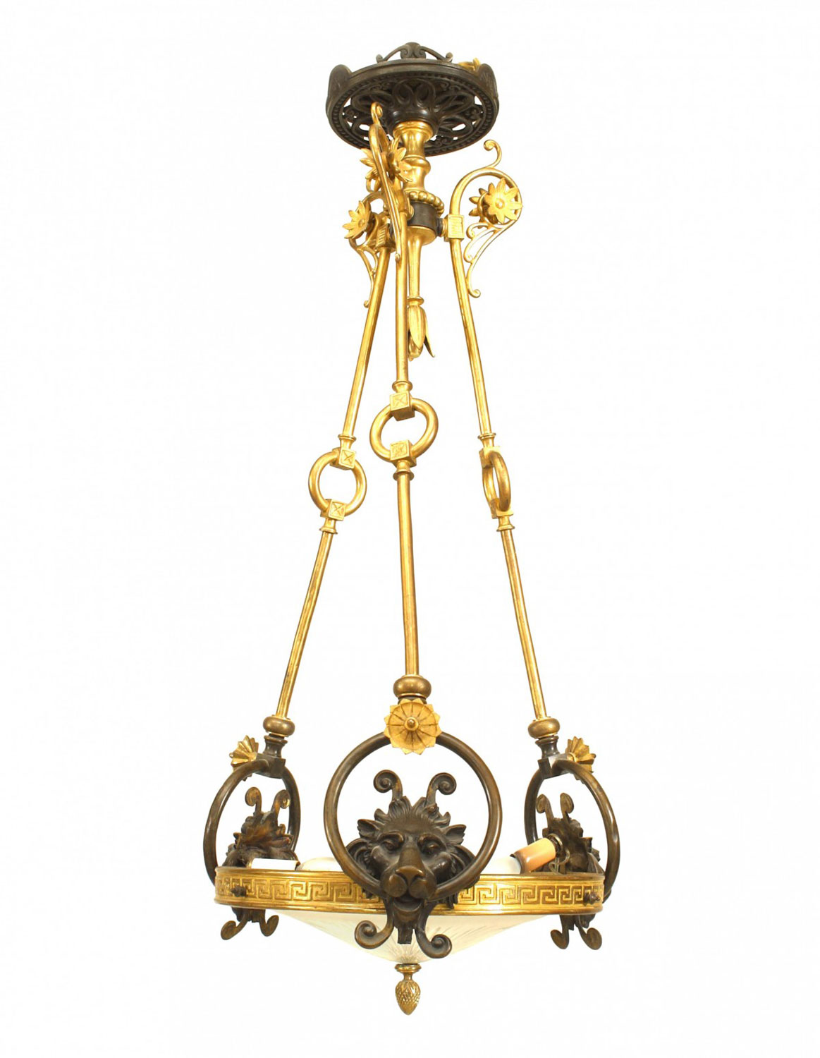 English Regency Glass and Bronze Lion Pendant Chandelier