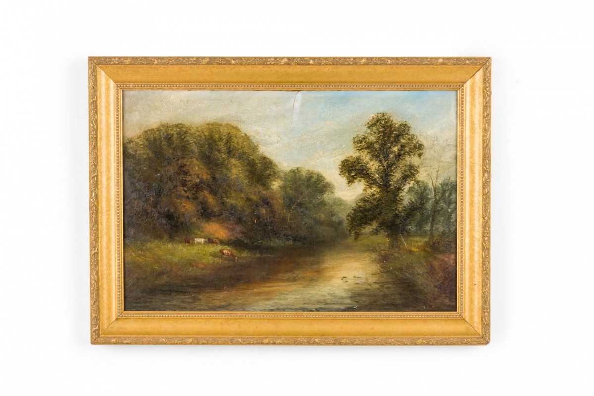 English victorian landscape of cows by trees