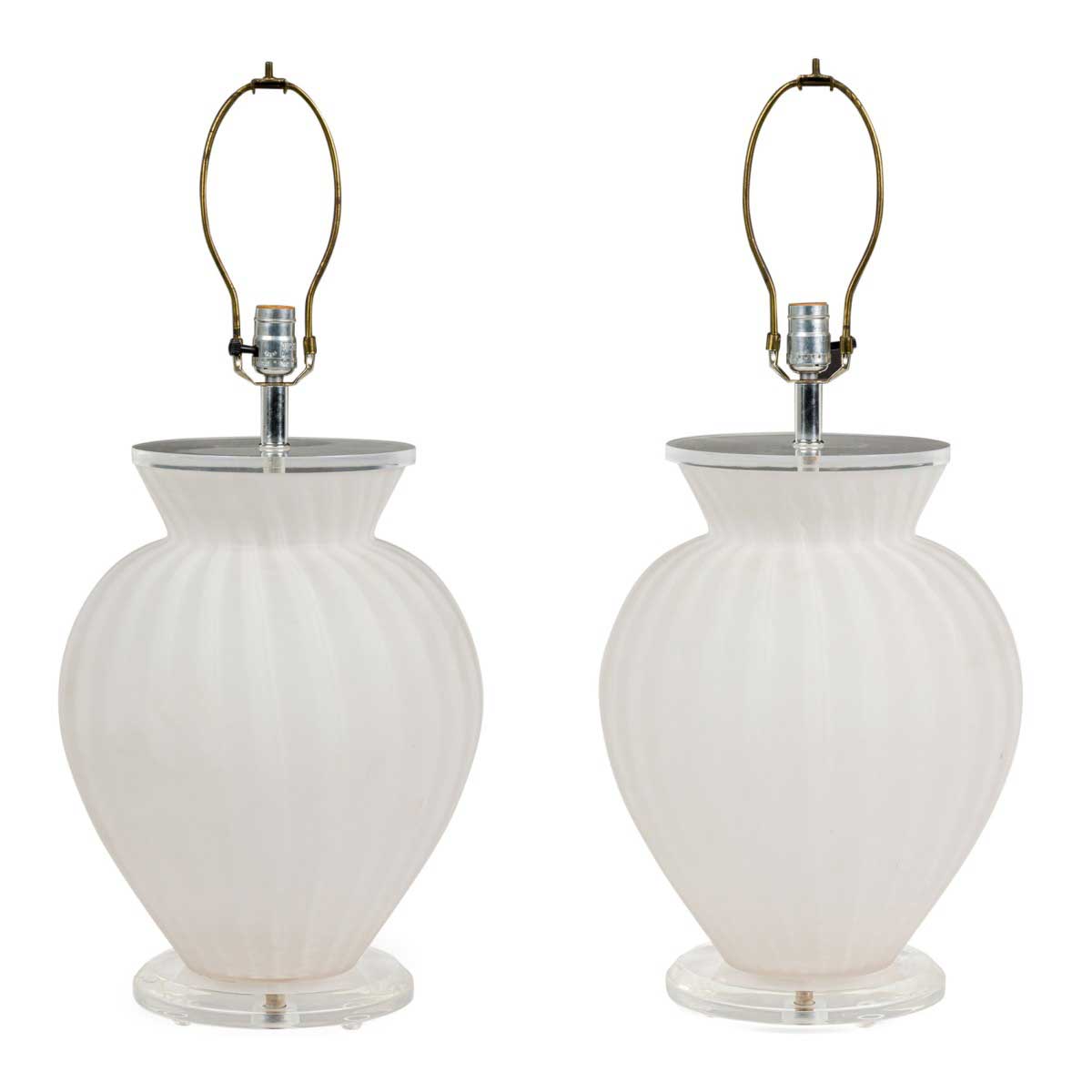 Pair of mid century american white frosted and striped footed glass table lamps