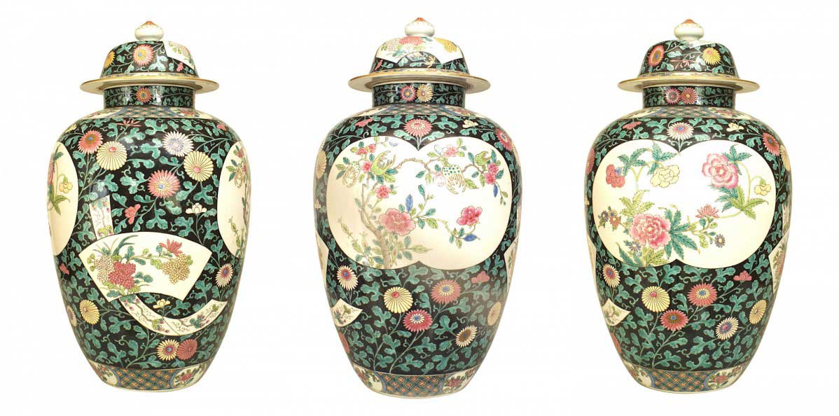 Set of 3 chinese style black and white porcelain temple jars 1