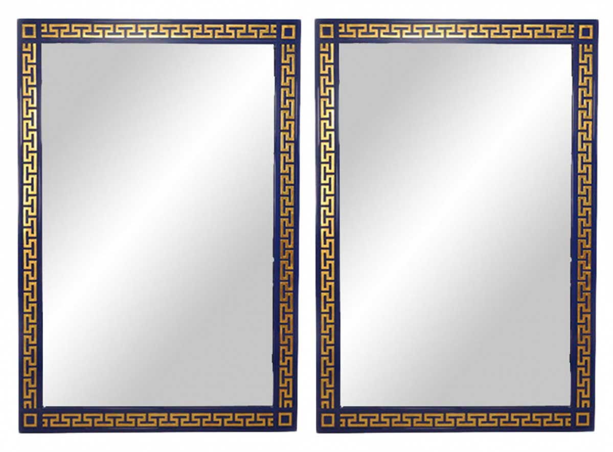 Contemporary blue lacquer greek key design wall mirror 1