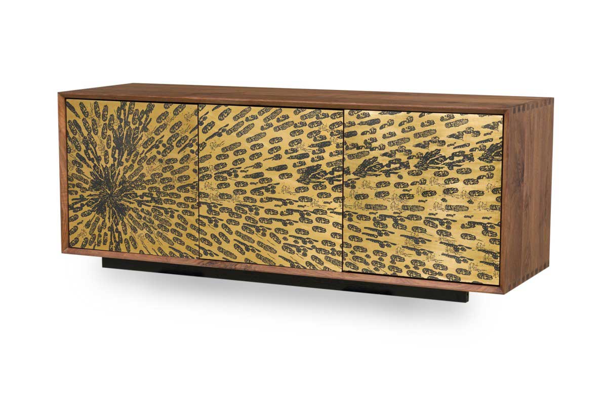 Contemporary modern walnut and etched brass 3 door credenza sideboard