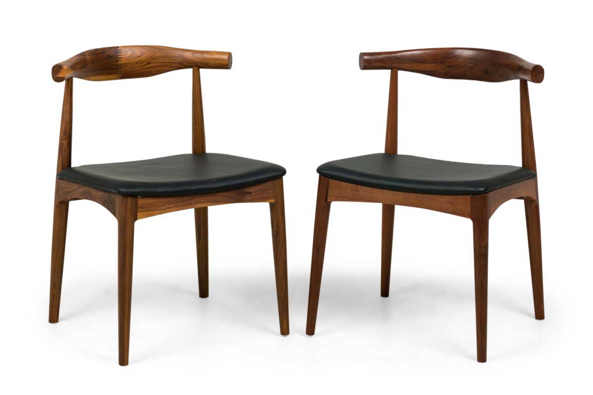 Contemporary mid century style walnut and dark brown leather dining side chairs