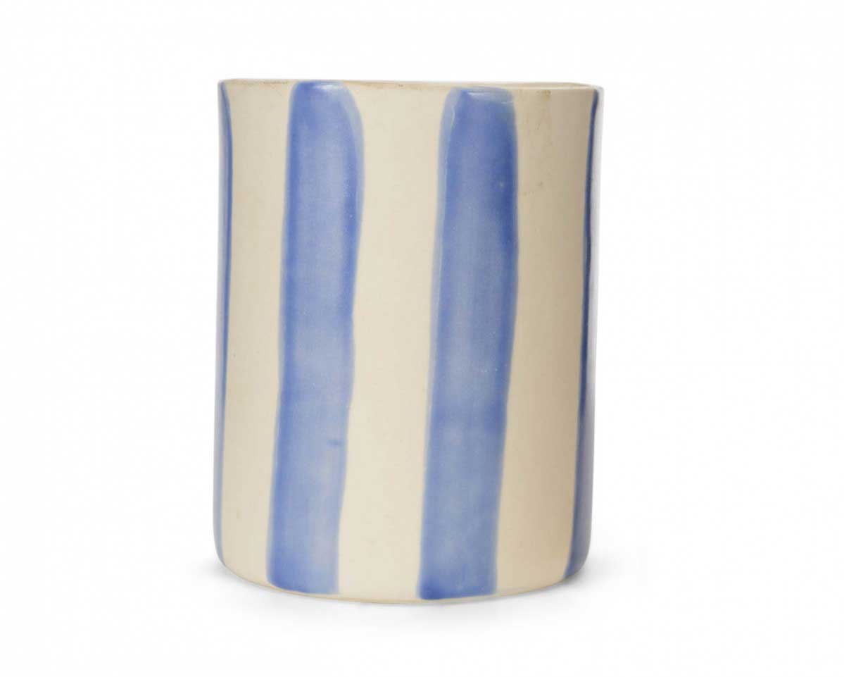 Blue and beige striped ceramic vase