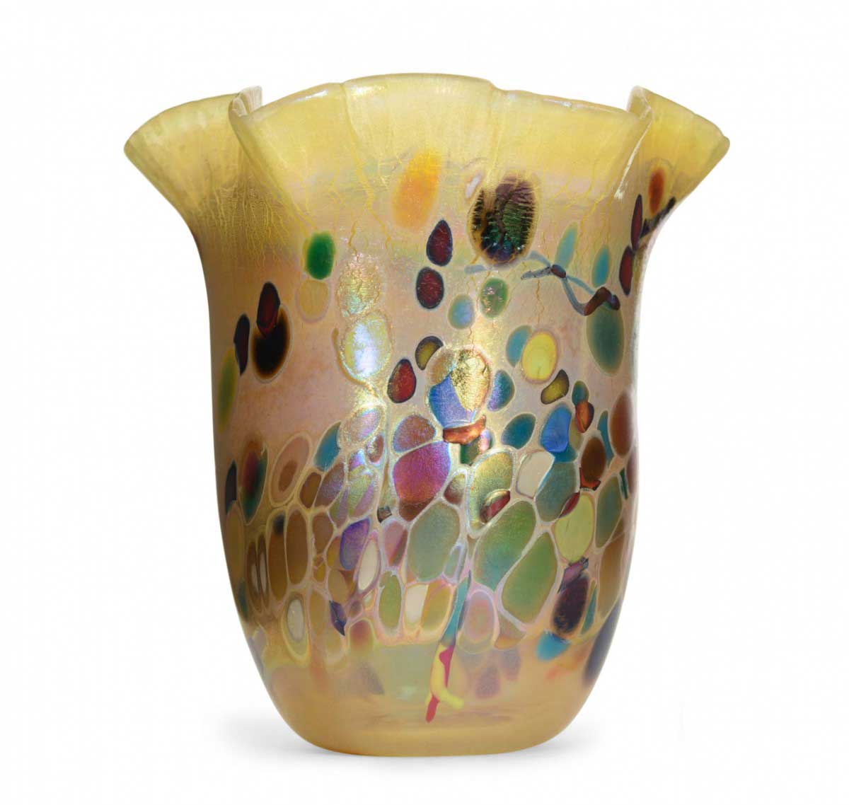 Vintage yellow tinted art glass vase with metallic design 1